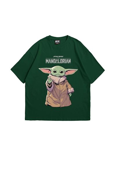 Sekizbiraltı Πράσινο Oversize Unisex T-Shirt - Mandalorian Yoda Printed, 24/1