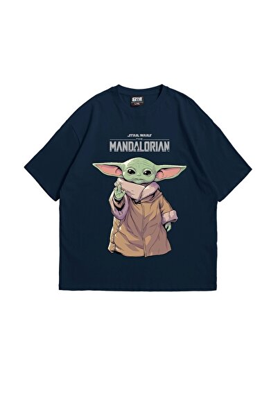 Sekizbiraltı The Mandalorian Yoda Baskılı 24/1 Oversize Unisex Lacivert Tshirt