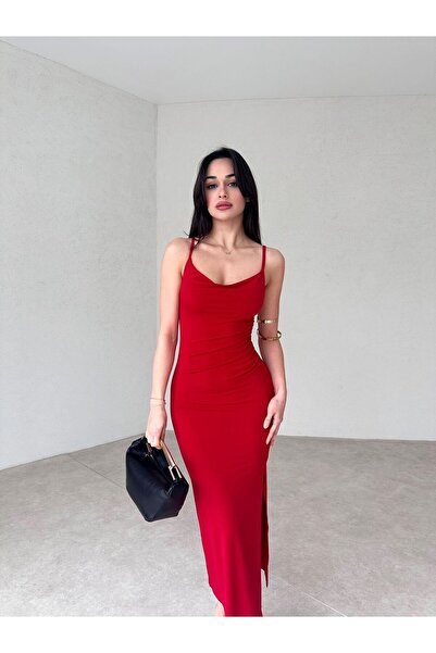 MOVELLA FASHİON Yan Yırtmaç Detaylı Sandy Kumaş Elbise