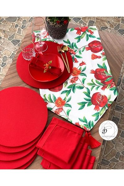 Premier American & service pomegranate pattern runner, set of 6 serving napkins and 6 red saucers