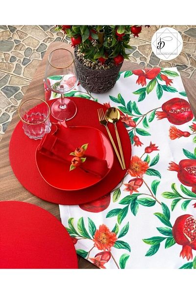 Premier American & service pomegranate pattern runner, set of 6 serving napkins and 6 red saucers