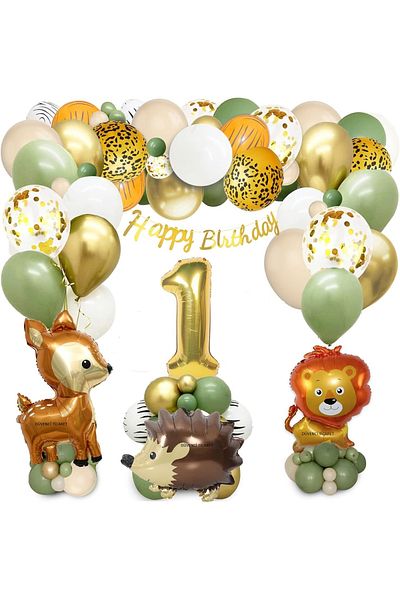 DÜVENCİ TİCARET 1 Year Old Birthday Balloon Set - Personalized Gazelle Lion Folly