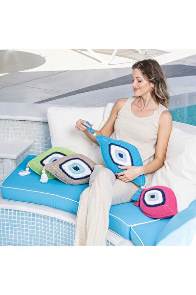 Hilaliart Blue Embroidered Evil Eye Eye Shaped Knitted Pillow - Decoration Hand Knitted