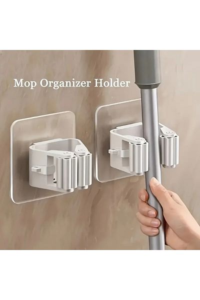 SAVORYHOME 4Pcs Wall Mounted Mop and Broom Hanger, Drill-Free Plastic Mop Organizer for Bathroom