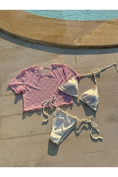 elifbilginbutik طقم بيكيني قصير من الساتان باللون الأبيض منقوش بالزهور الوردي...