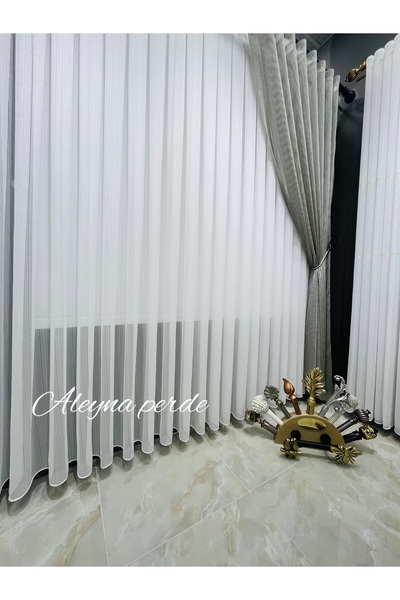 AleynaHome Snow Floor Striped Tulle Curtain Non-Ironing Regular Pleat