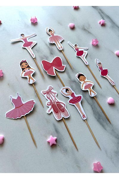 The Istanbul Event Pink Ballerina Concept 10-Piece Cupcake Topper Set - Birthday Speech Bubble and Sticks