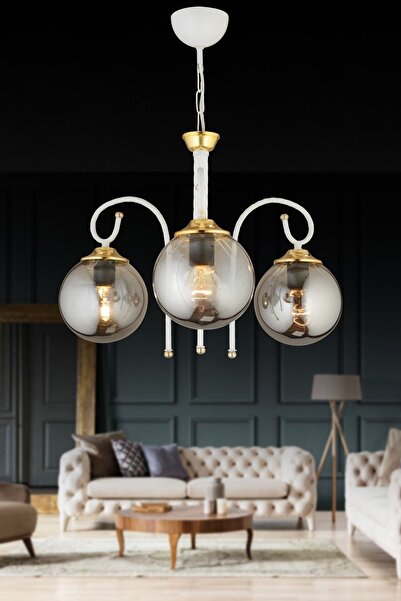 KARDELEN AYDINLATMA AVİZE Beyaz Kule 3'lü Füme Glop Camlı Aşağı Bakan Lüks Avize