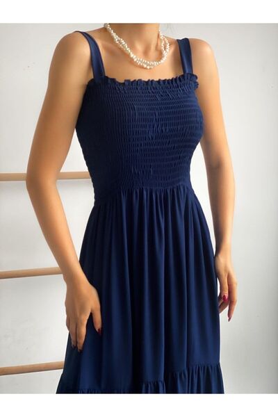 KaSheHa Lacivert Kalın Askılı Üstü Gipeli Eteği Pliseli Bürümcük Kumaş Yazlık Elbise 125 Cm