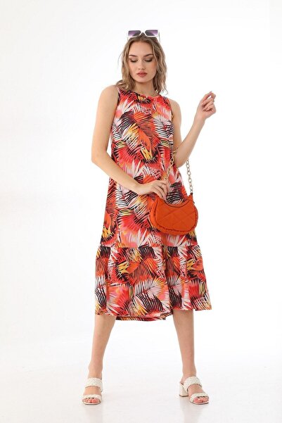 KaSheHa Kırmızı-hardal Desenli Kalın Askılı Eteği Pileli Dokuma Viskon Uzun Elbise 125 Cm