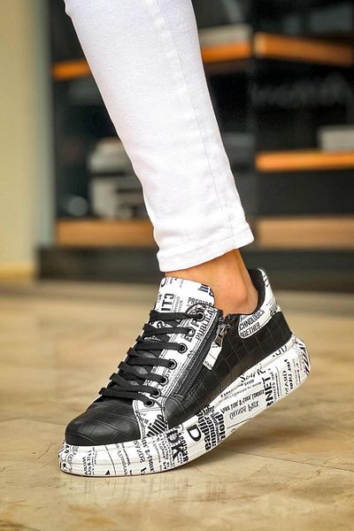 MELAMS Hârtie de ziar cu model de crocodil JENA - Pantofi sport casual pentru bărbați cu șireturi și fermoare, NEGRU/ZIAR - KB