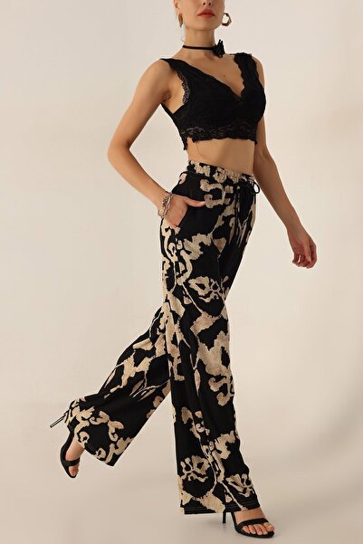 KaSheHa Siyah-bej Yaprak Desenli Örme Tiril Kumaş Palazzo Pantolon 105 Cm