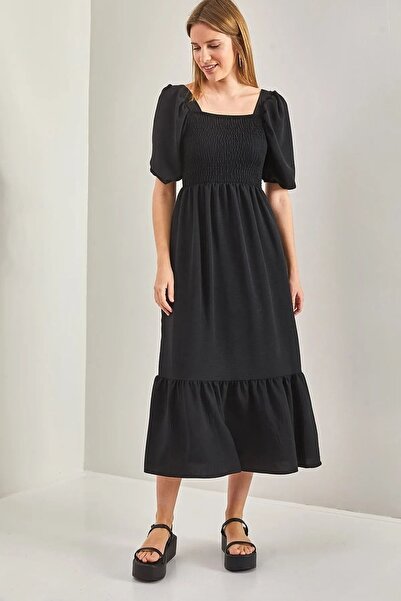 Siyah Kadın Siyah Bürümcük Kumaş Gipeli Balon Kol Bodrum Elbise 125 Cm