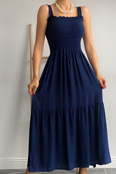 Siyah Kadın Lacivert Kalın Askılı Full Esnek Beli Gipeli Yazlık Uzun Elbise 1...