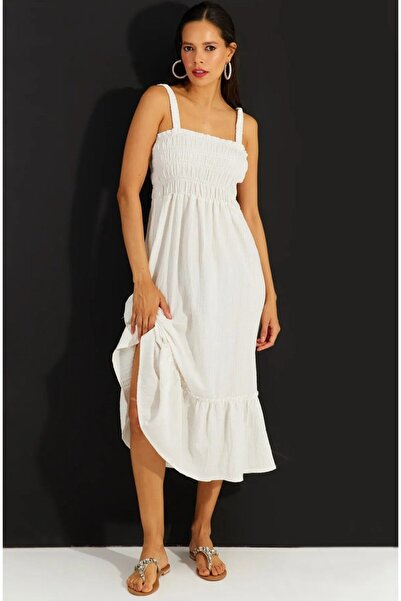 KaSheHa Ekru Kalın Askılı Bürümcük Kumaş Beli Gipeli Full Esnek Yazlık Elbise...