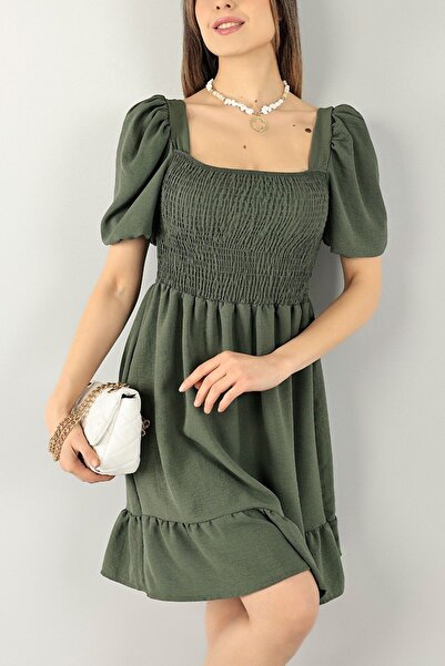 KaSheHa Koyu Yeşil Kare Yaka Fakir Kol Bürümcük Kumaş Gipeli Elbise 95 Cm