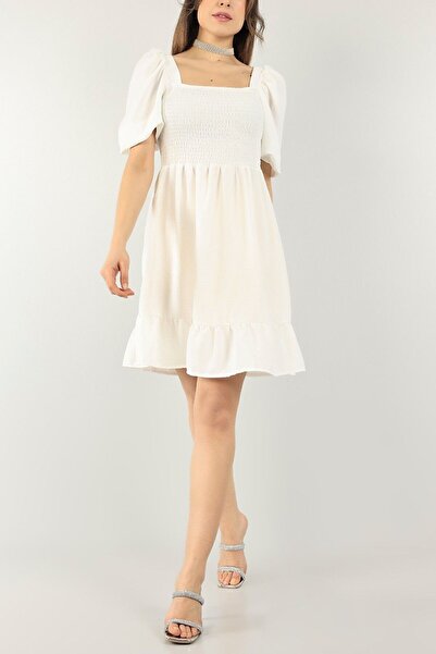 KaSheHa Ekru Carmen Yaka Bürümcük Kumaş Gipeli Elbise 95 Cm