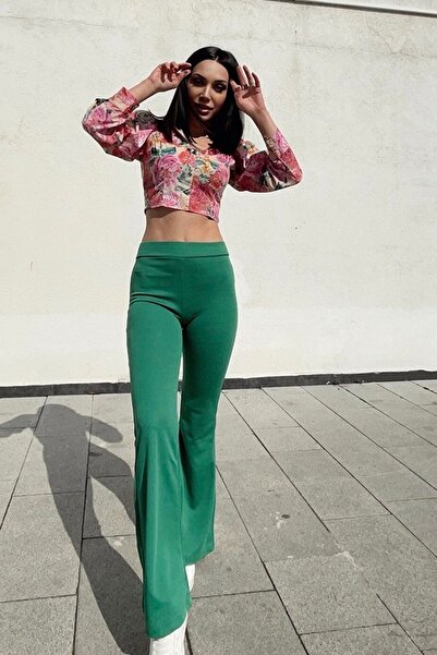 KaSheHa Green High Waist Lycra Flared Leg Trousers 100 cm