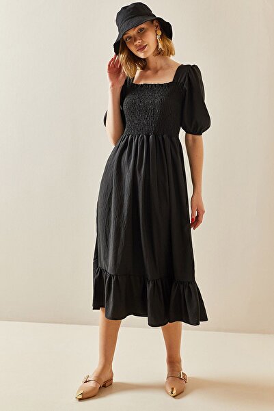 Siyah Kadın Siyah Bodrum Model Bel Ve Sırt Gipeli Bürümcük Kumaş Elbise 125 Cm