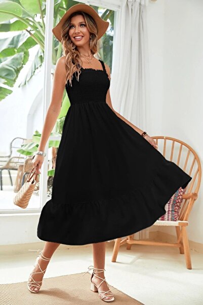 KaSheHa Siyah Kalın Askılı Üstü Gipeli Eteği Pliseli Bürümcük Kumaş Yazlık El...