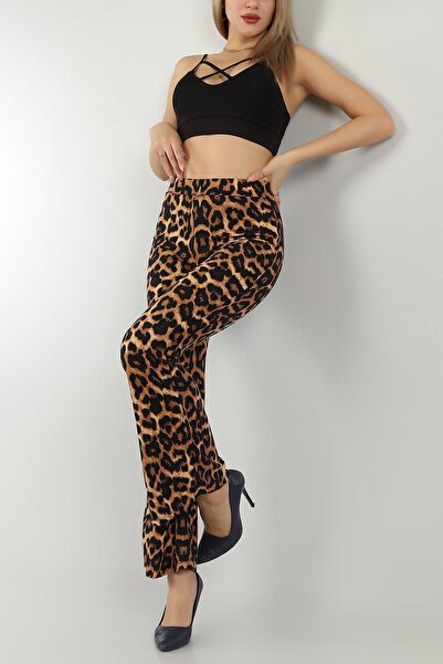 KaSheHa Leopard Patterned Suede Full Flexible Flare Leg Trousers 100 cm