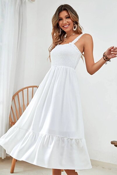 KaSheHa Ekru Kalın Askılı Üstü Gipeli Eteği Pliseli Bürümcük Kumaş Yazlık Elb...