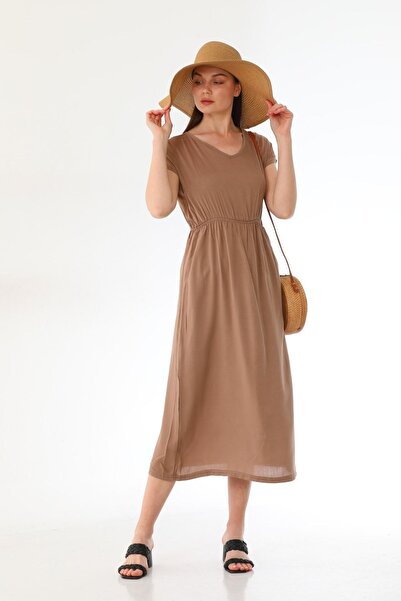 KaSheHa Vizon V Yaka Beli Lastikli Viskon Dokuma Uzun Elbise 130 Cm