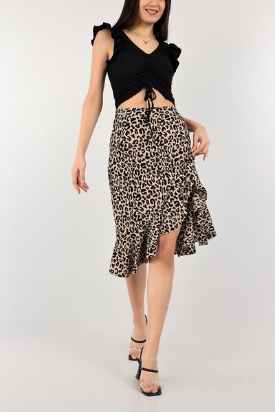 Siyah Kadın Vizon Leopar Desenli Asimetrik Kesim Yırtmaçlı Volanlı Midi Etek 80 Cm
