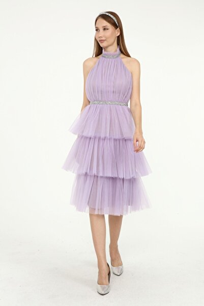 Asees Rochie de seara din tul cu 3 straturi cu decolteu cu jumatate de piatra