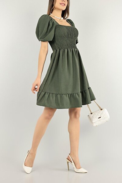 KaSheHa Koyu Yeşil Kare Yaka Fakir Kol Bürümcük Kumaş Gipeli Elbise 95 Cm