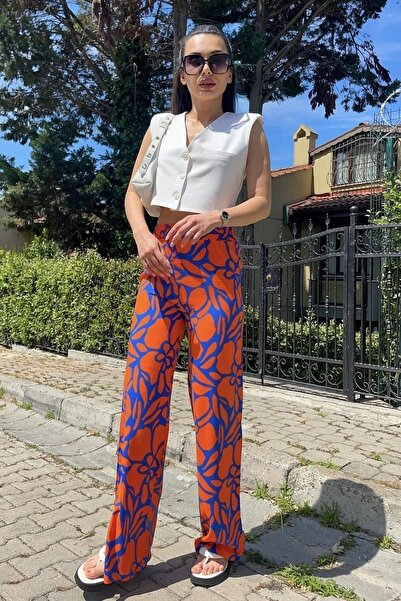 Siyah Kadın Turuncu Desenli Yüksek Bel Geniş Paça Dokuma Viskon Pantolon 105 Cm