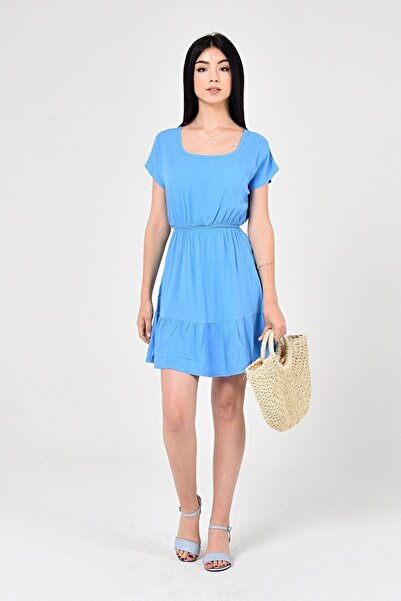 KaSheHa Mavi Eteği Pileli Beli Lastikli Kısa Kollu Dokuma Viskon Kiloş Elbise 90 Cm