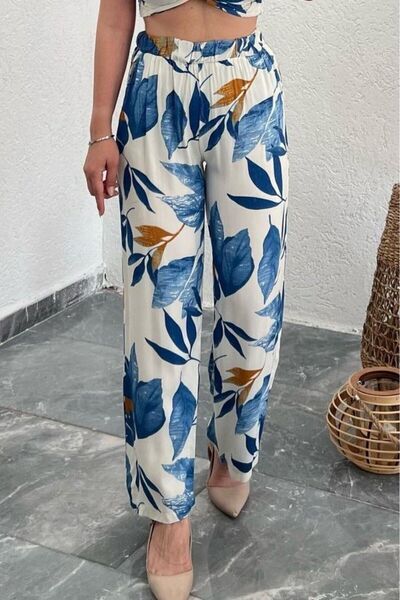 KaSheHa Renkli Yaprak Desenli Örme Tiril Kumaş Palazzo Pantolon 105 Cm