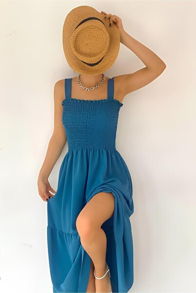 KaSheHa Prusya Kalın Askılı Üstü Gipeli Eteği Pliseli Bürümcük Kumaş Yazlık Elbise 125 Cm