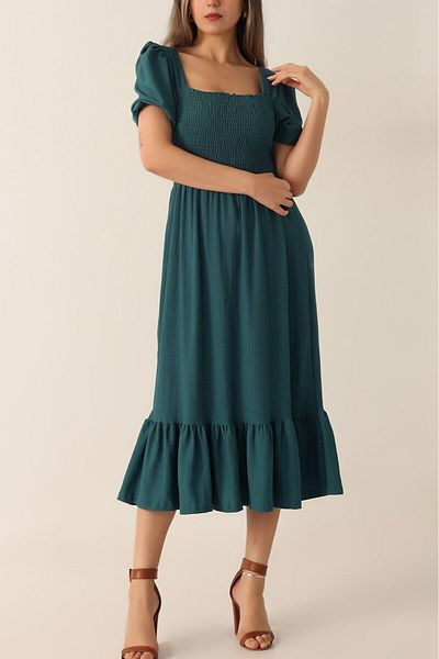 KaSheHa Emerald Green Flexible Bodrum Dress - Square Collar, Guiped Waist, Pleated Skirt, 125 Cm