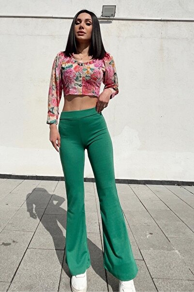 KaSheHa Yeşil Krep Kumaş Likralı Yüksek Bel Toparlayıcı Ispanyol Paça Tayt Pa...