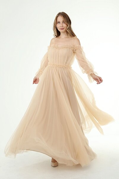 Asees Γυναικείο μακρύ φόρεμα με στράπλες Regland μανίκι με μπαλόνι