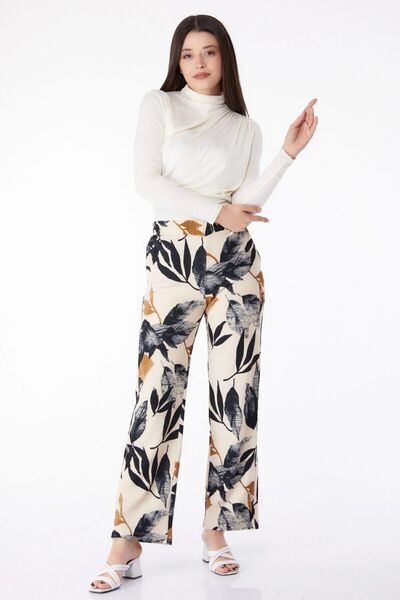 KaSheHa Etnik Yaprak Desenli Örme Tiril Kumaş Palazzo Pantolon 105 Cm