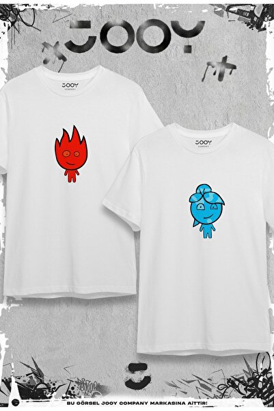 Jooy Company Fire And Water Design Lover Couple Συνδυασμός Λευκό Oversize Tshirt Σετ 2 τεμαχίων