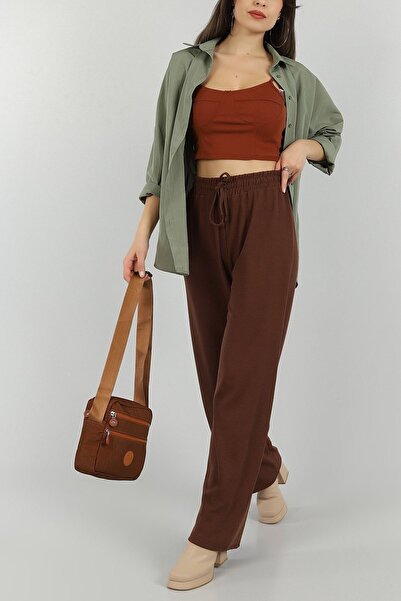 KaSheHa Kahverengi Bürümcük Kumaş Rahat Kalıp Bağcıklı Beli Lastikli Pantolon...