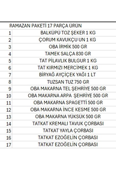 Tat Ramazan paketi kumanya yardım gıda erzak kolisi 17 parça ürün ekonomik paket