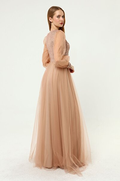 Asees Payet Detaylı V Yaka Tül Abiye Elbise