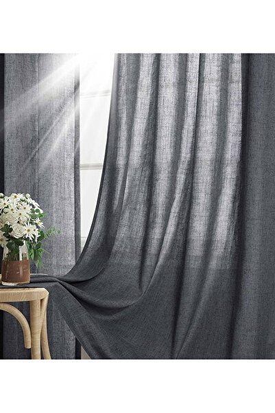 Ran Perde İnce Keten Tül Fon Perde – Koyu Gri - Pileli Dikim -İnce Dokulu - 1...
