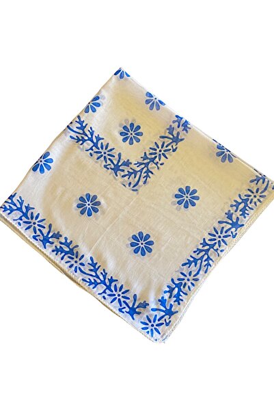leillART Kadın Mavi Renk Çiçek Desenli Pamuklu El Yapımı Bandana, Eşarp