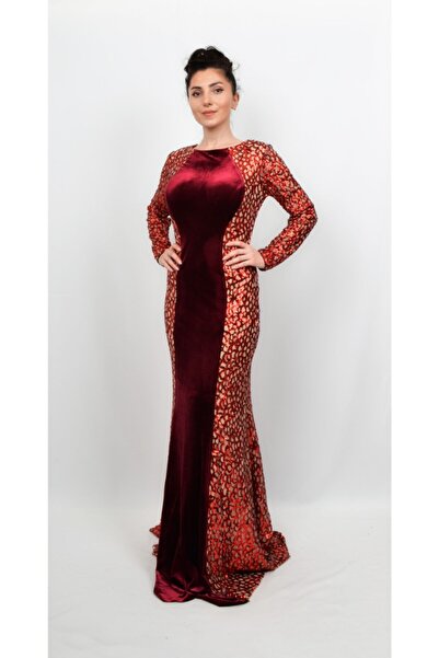 ALİS DRESS Kadın Bordo Kolları ve Yanları Pul Detaylı Kadife Tesettür Kapalı ...