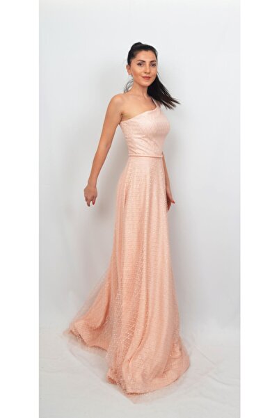 ALİS DRESS Kadın Somon Rengi Tek Omuzlu Kare Desenli Tül Abiye