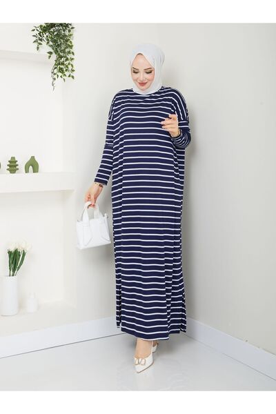 MODAMÜNASİP Φορέστε το υπέροχο μας χτενισμένο βαμβακερό ριγέ φόρεμα που δεν αναγνωρίζει τη γραμμή της μέσης