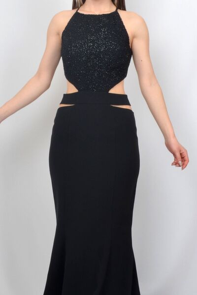 ALİS DRESS Siyah Bel Detaylı Sırtı Bağlamalı Abiye