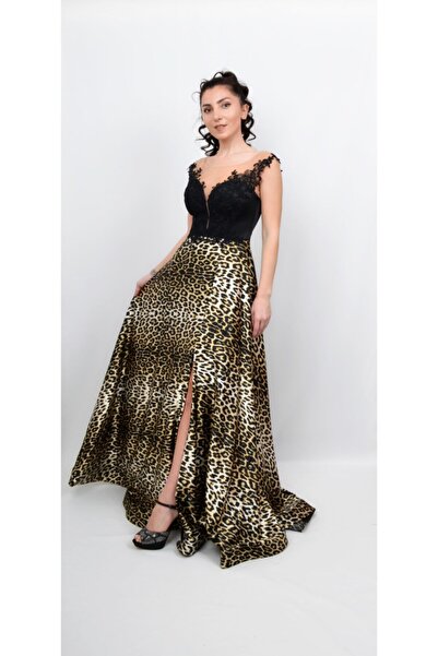 ALİS DRESS Kadın Siyah Leopar Üstü Dantel Detaylı Abiye