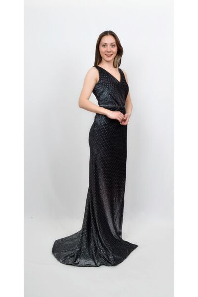 ALİS DRESS Kruvaze Yaka Puantiyeli Siyah Rengi Yırtmaçlı Abiye